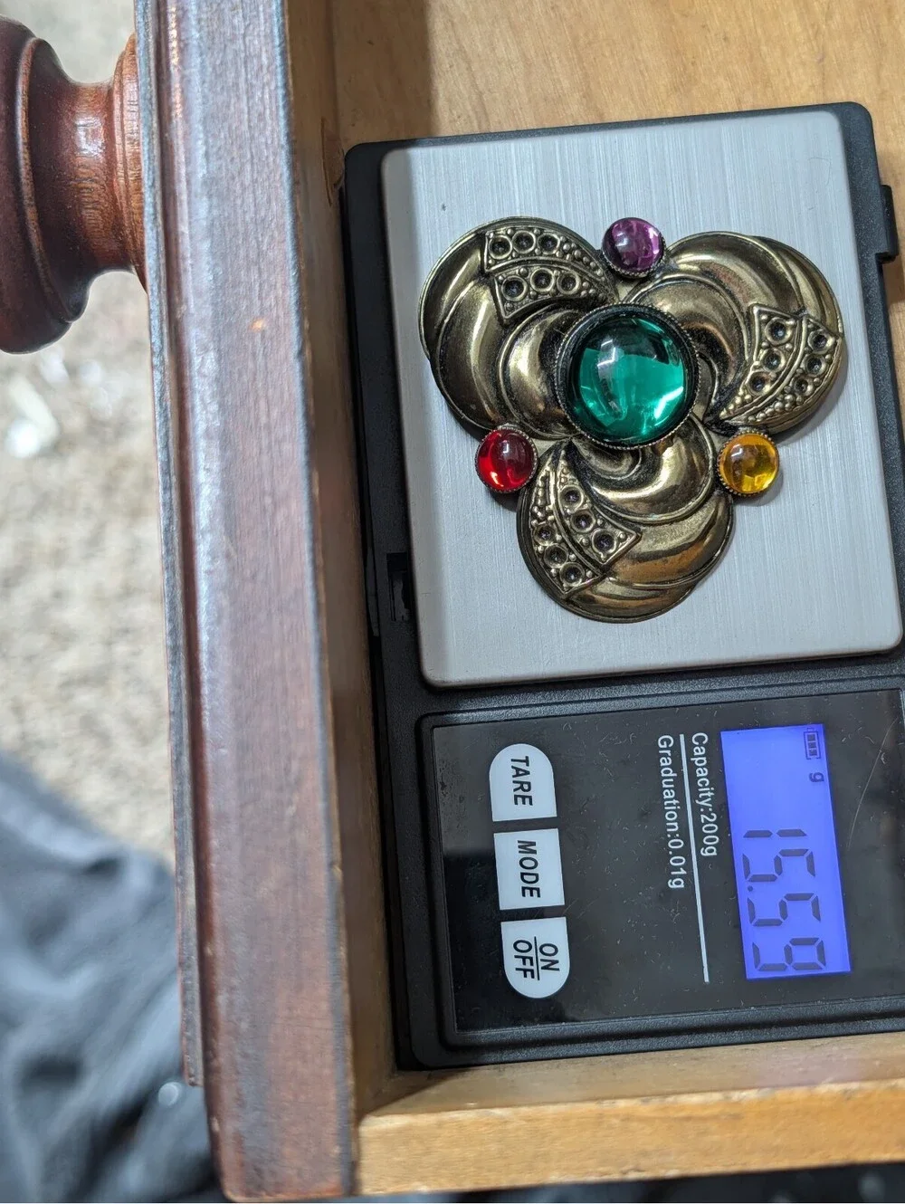 Vintage Art Deco Revival Brass Trefoil Brooch Emerald Red Yellow Glass Cabochon